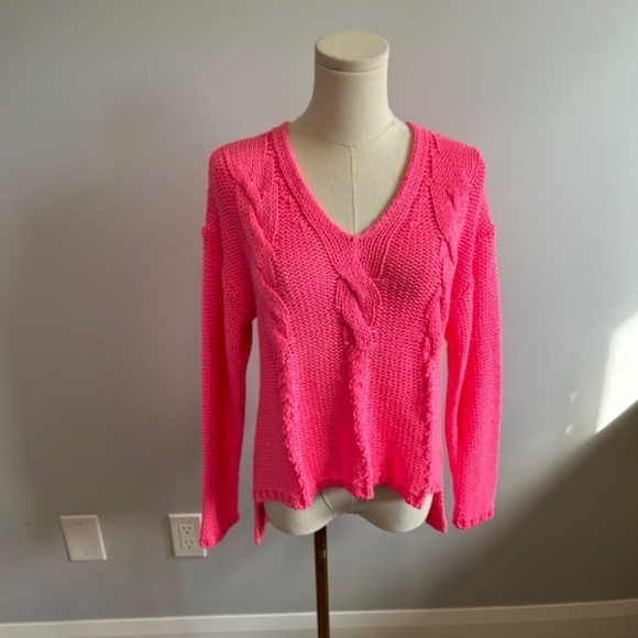 H&M Women's Cable Knit V-neck Long Sleeve Drop Shoulder Bright Pink Sweater SZ S - Picture 3 of 7